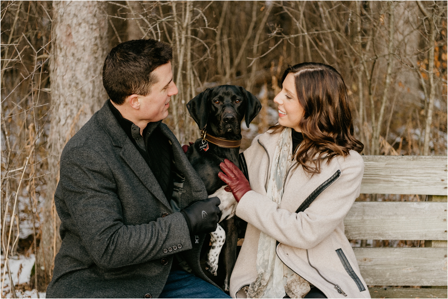 winter engagement session with dog