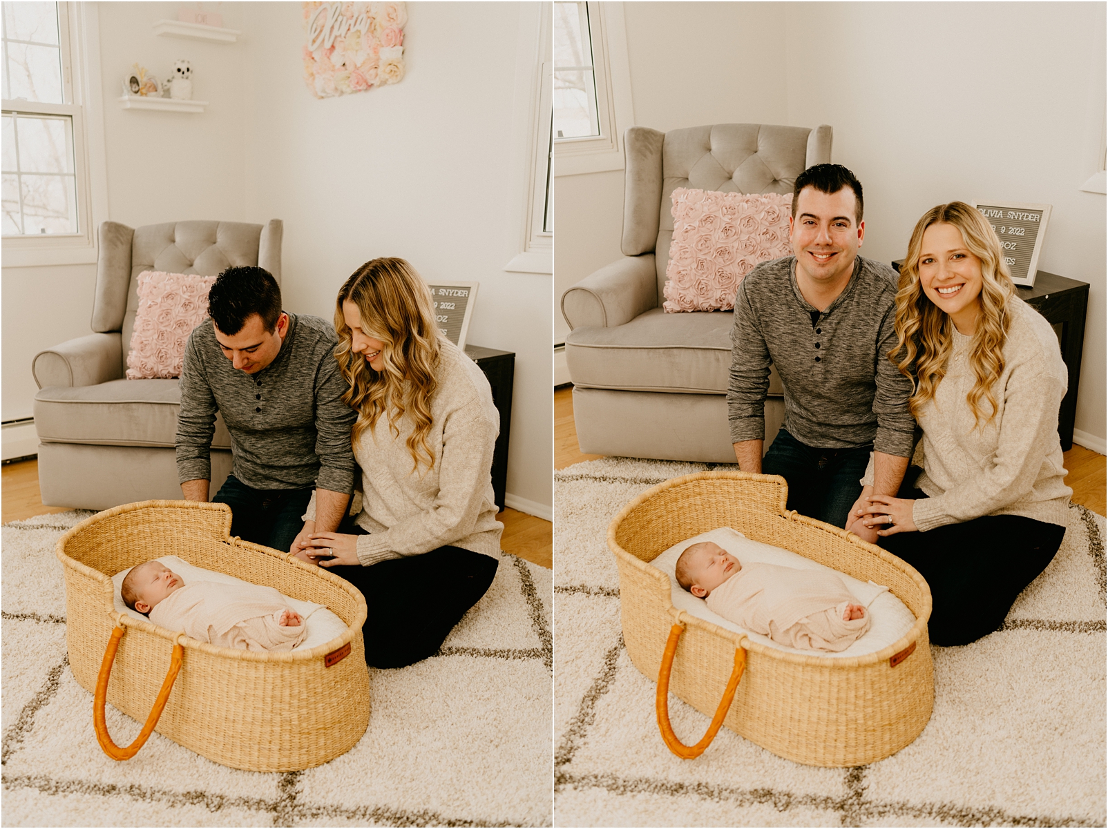 parents with newborn baby in a bassinet 