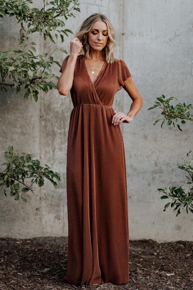 bronze pleated maxi dress