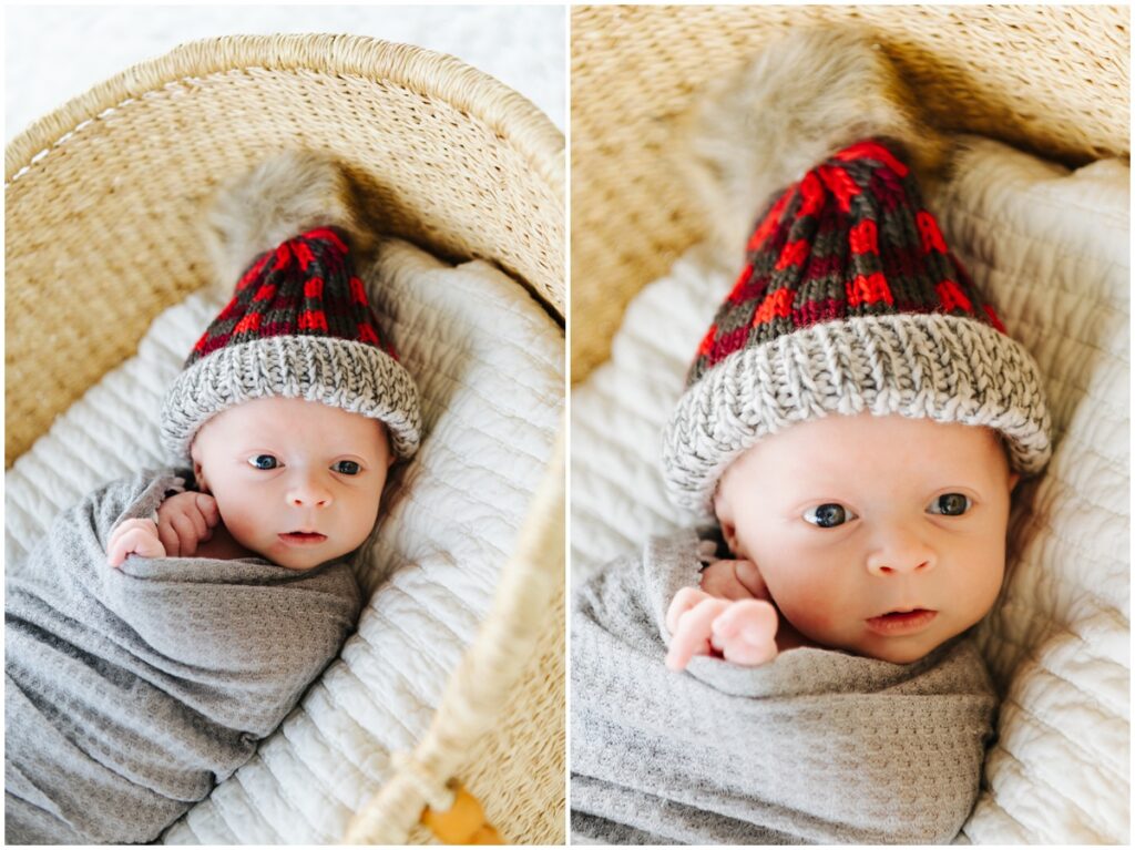 newborn baby boy in a santa hat