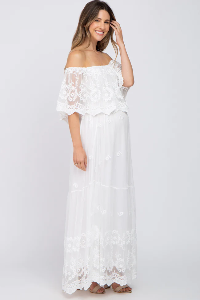 white off the shoulder maternity gown