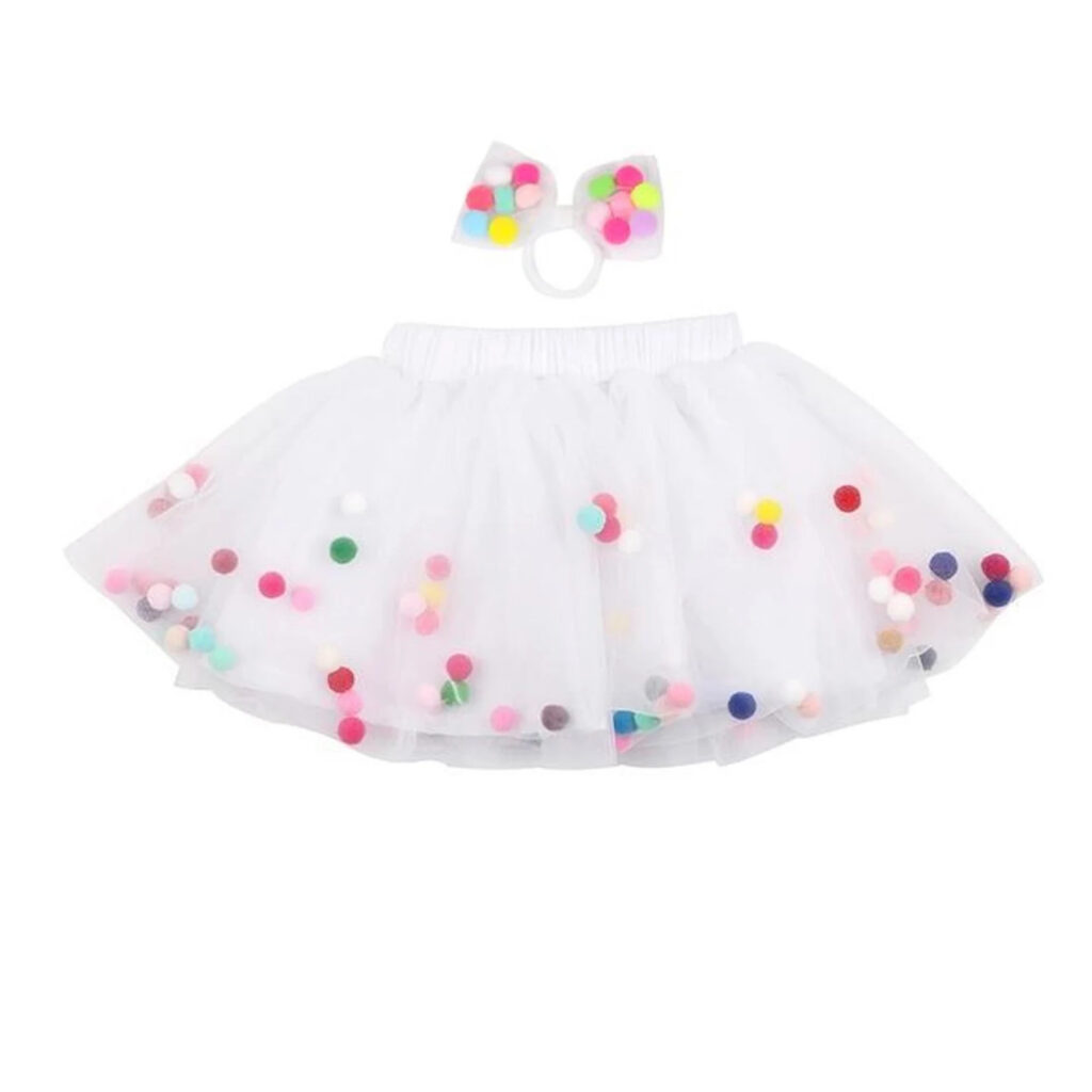 polka dotted white pom pom tutu