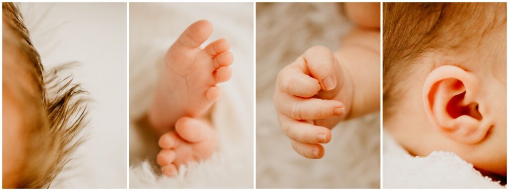 macro photos of baby hands hair and ears