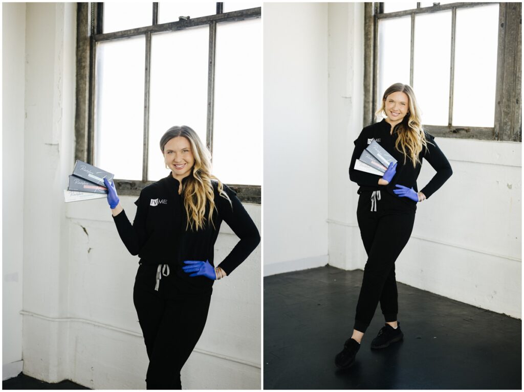 nurse holding product with blue gloves near windows