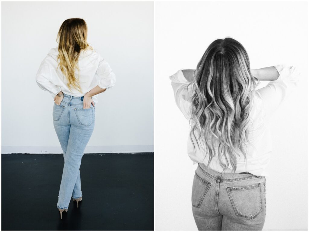 black and white photo of girl with long hair