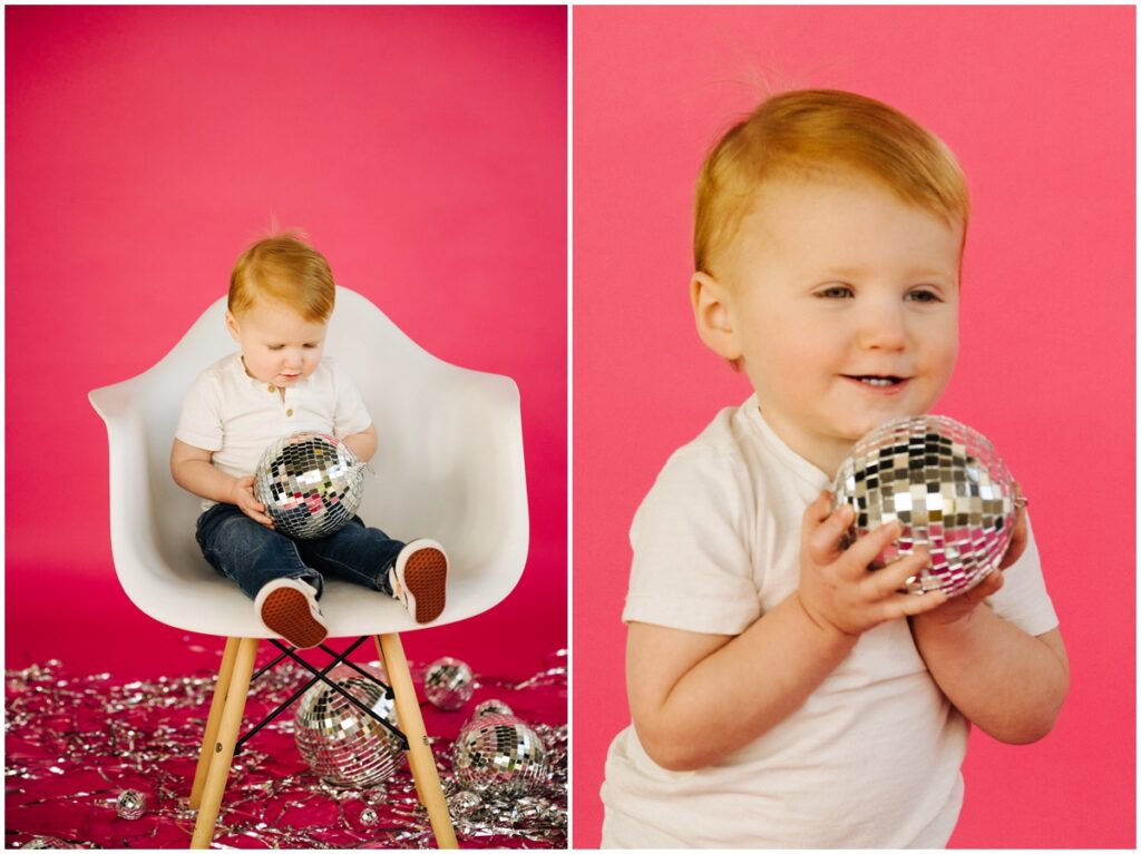 happy little boy with disco ball