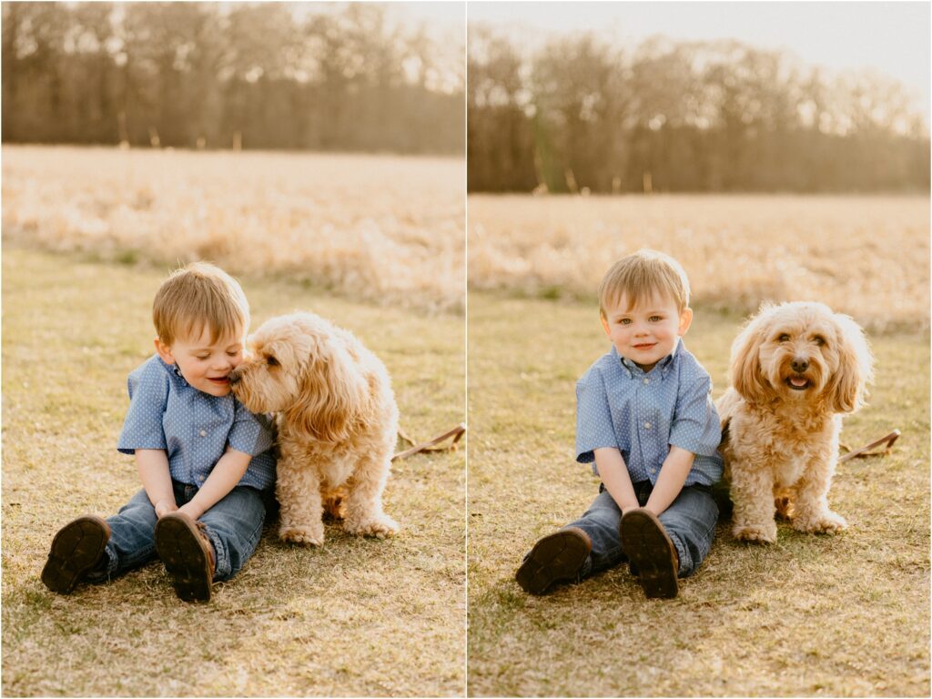 boy and his dog getting kissed