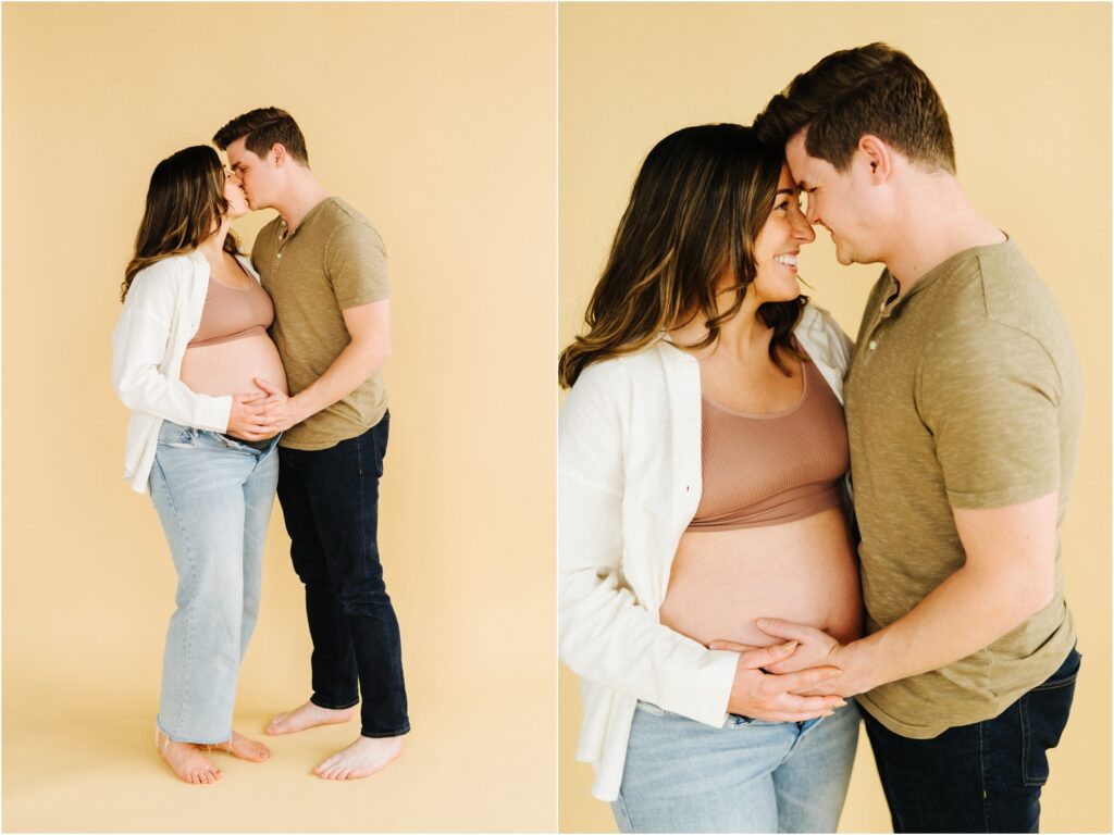 maternity photos on a yellow backdrop