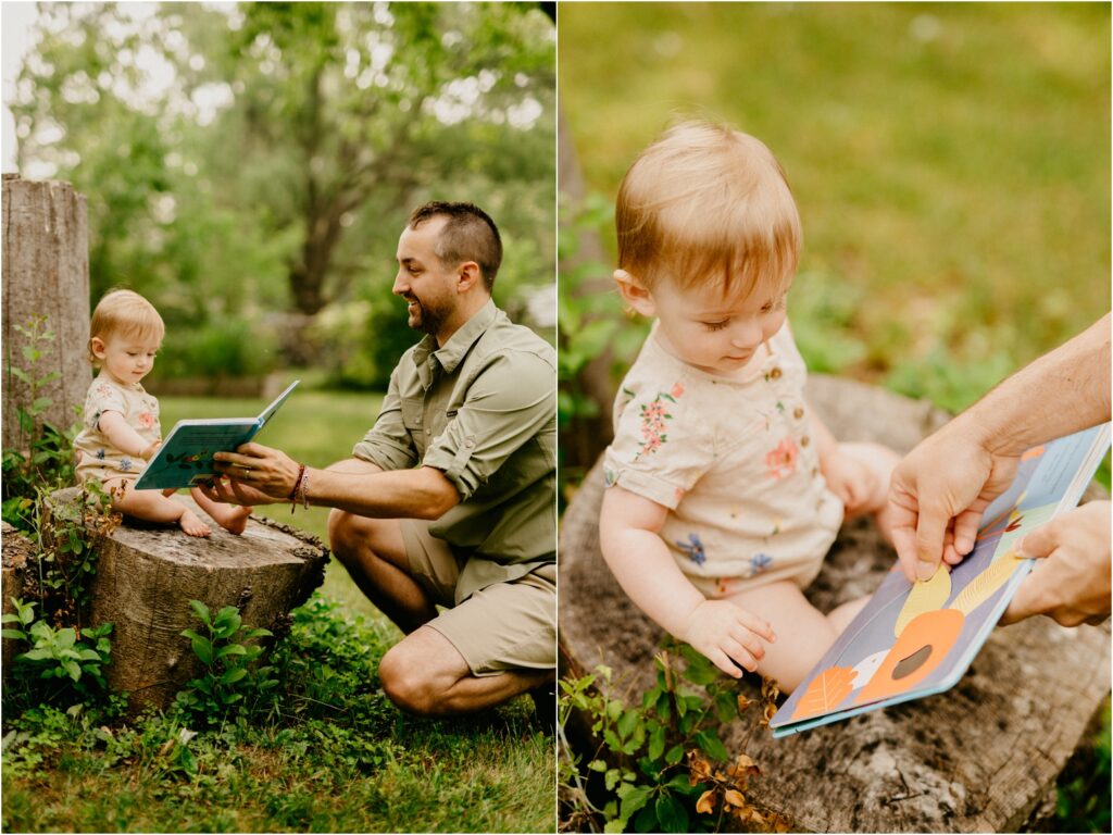 little girl reading a book with her dad