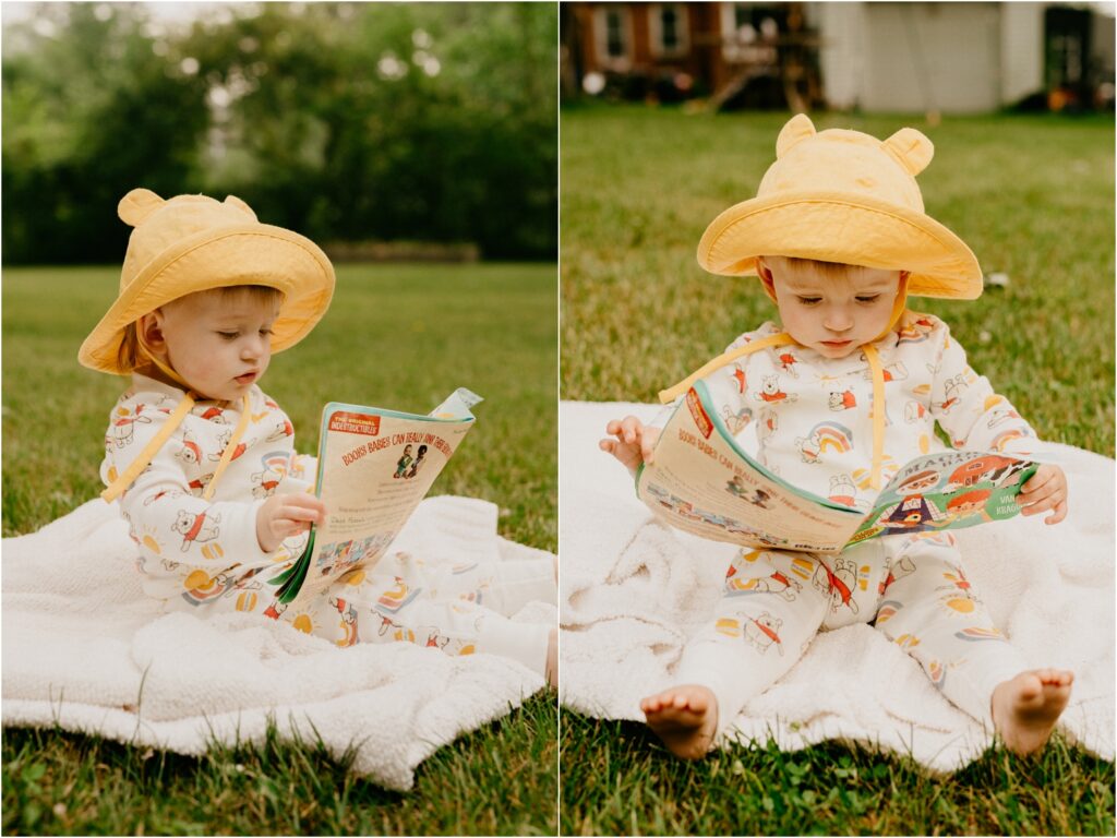 little girl with a yellow hat reading a book