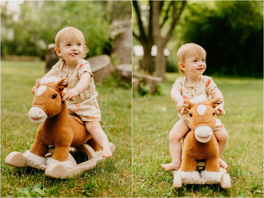 little girl riding her rocking horse in backyard