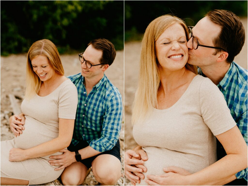 pregnant couple on the beach kissing smiking