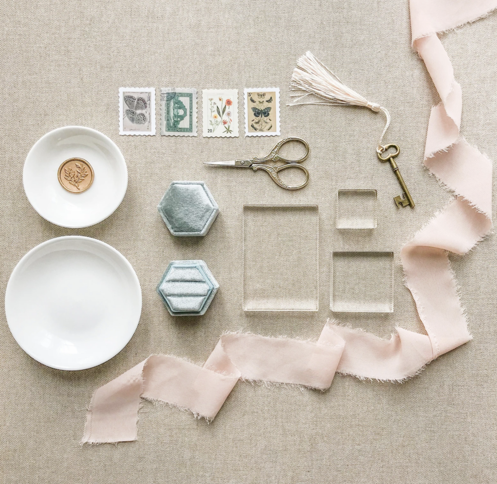 wedding details flat lay styling supplies