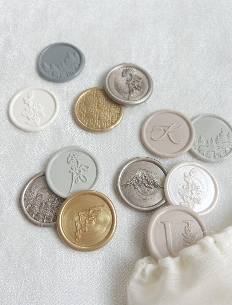 neutral colored wax stamps for wedding invites