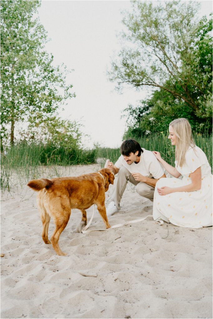 husband and wife playing with dog at the beach
