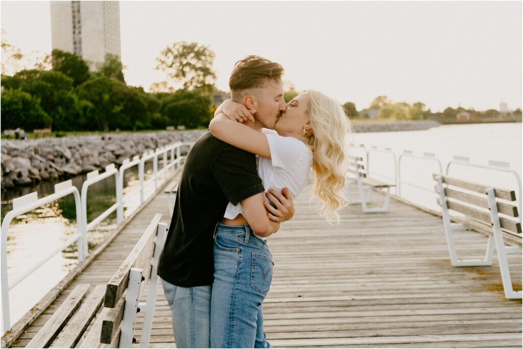 a kissing couple on a milwaukee dock