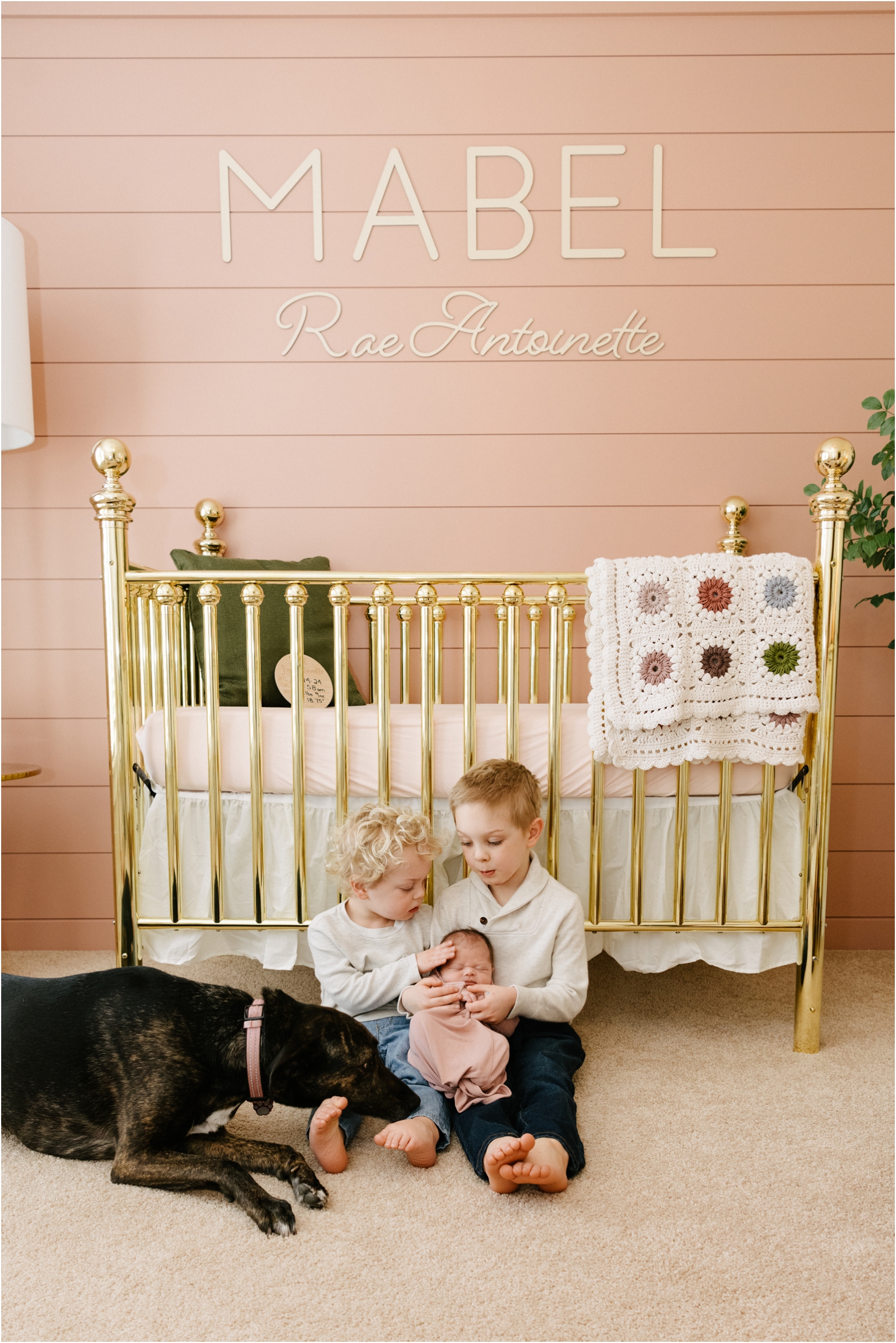 brothers holding baby sister in the nursery