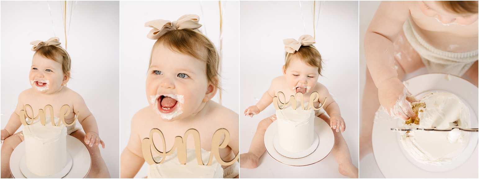 adorable baby girl birthday cake smash photos taken in studio with white background