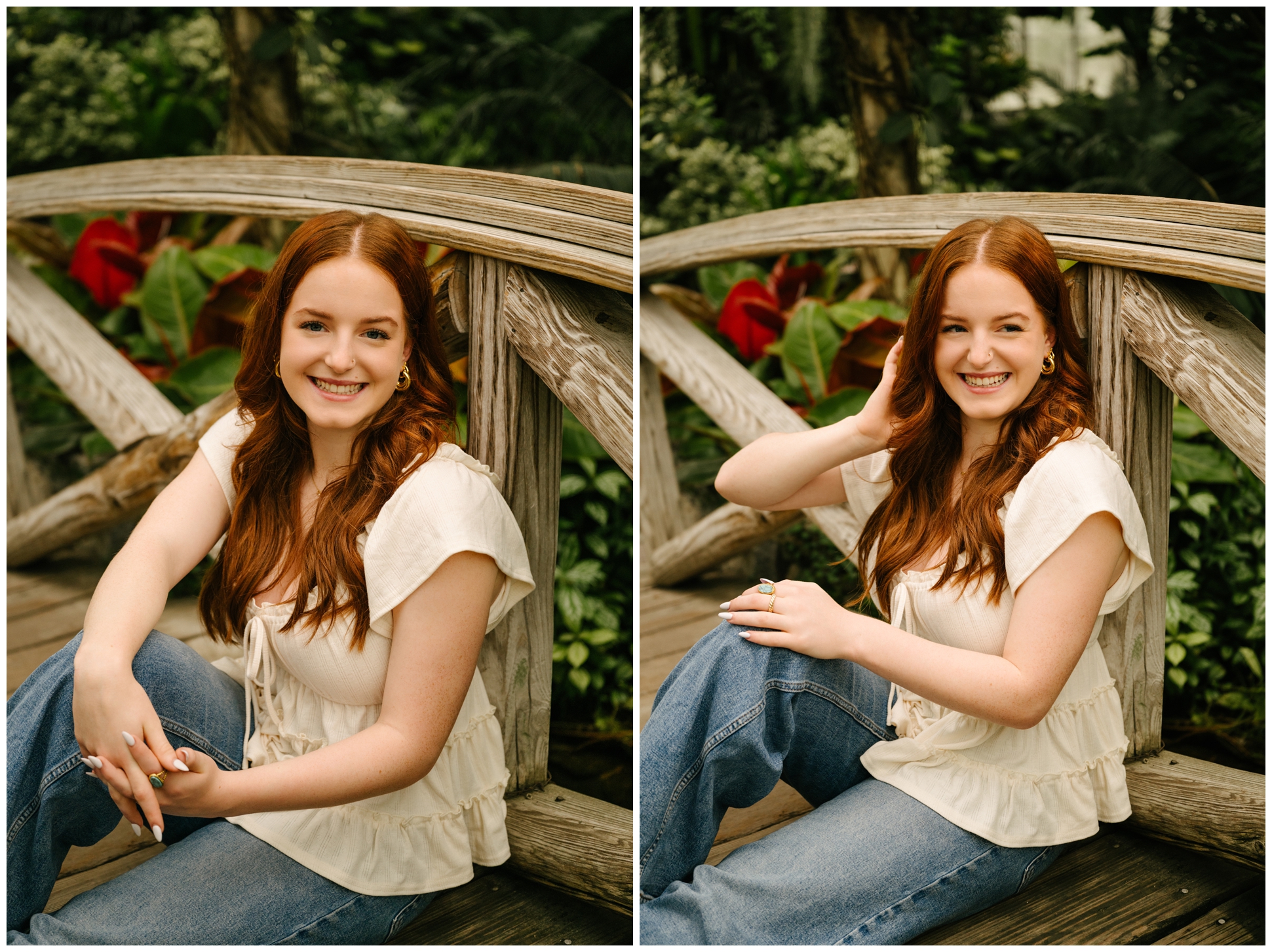 Two side-by-side portraits of a smiling red-haired senior in a cream blouse and jeans seated on a wooden garden bridge.